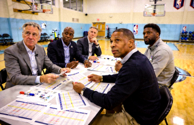 NBA球队管理层在训练馆内讨论球员交易方案的照片